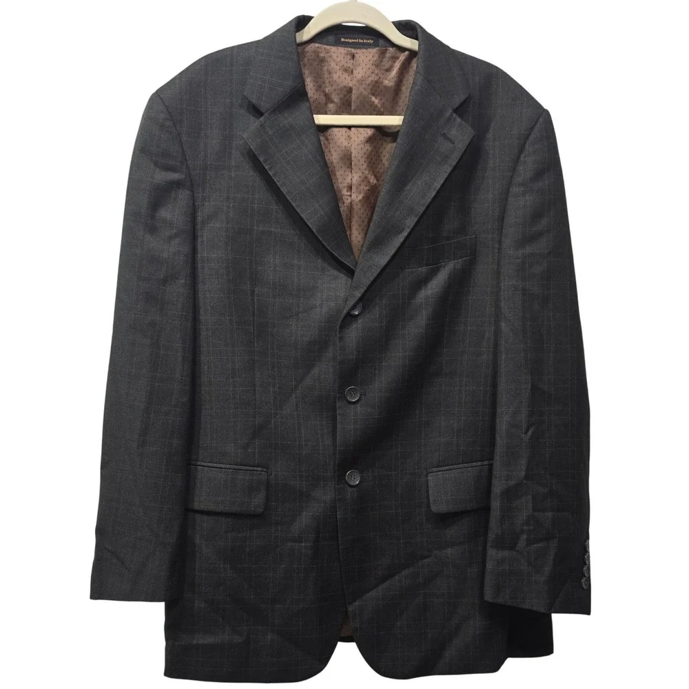 Vinci Mens Blazer 42R Charcoal Gray Windowpane Plaid 3 Button Suit Jacket